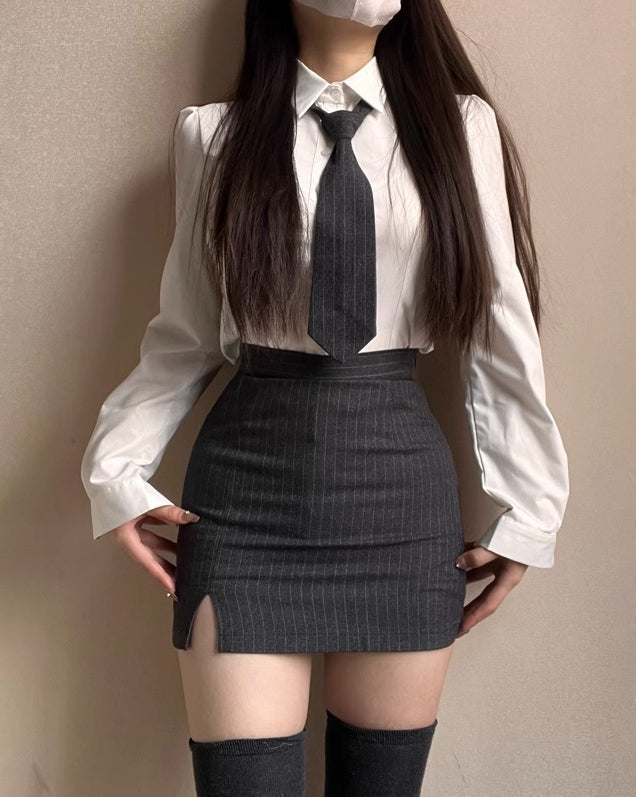 Grey Striped Slit Mini Skirt