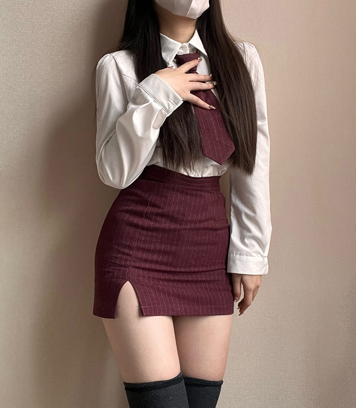 Grey Striped Slit Mini Skirt