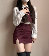 Grey Striped Slit Mini Skirt
