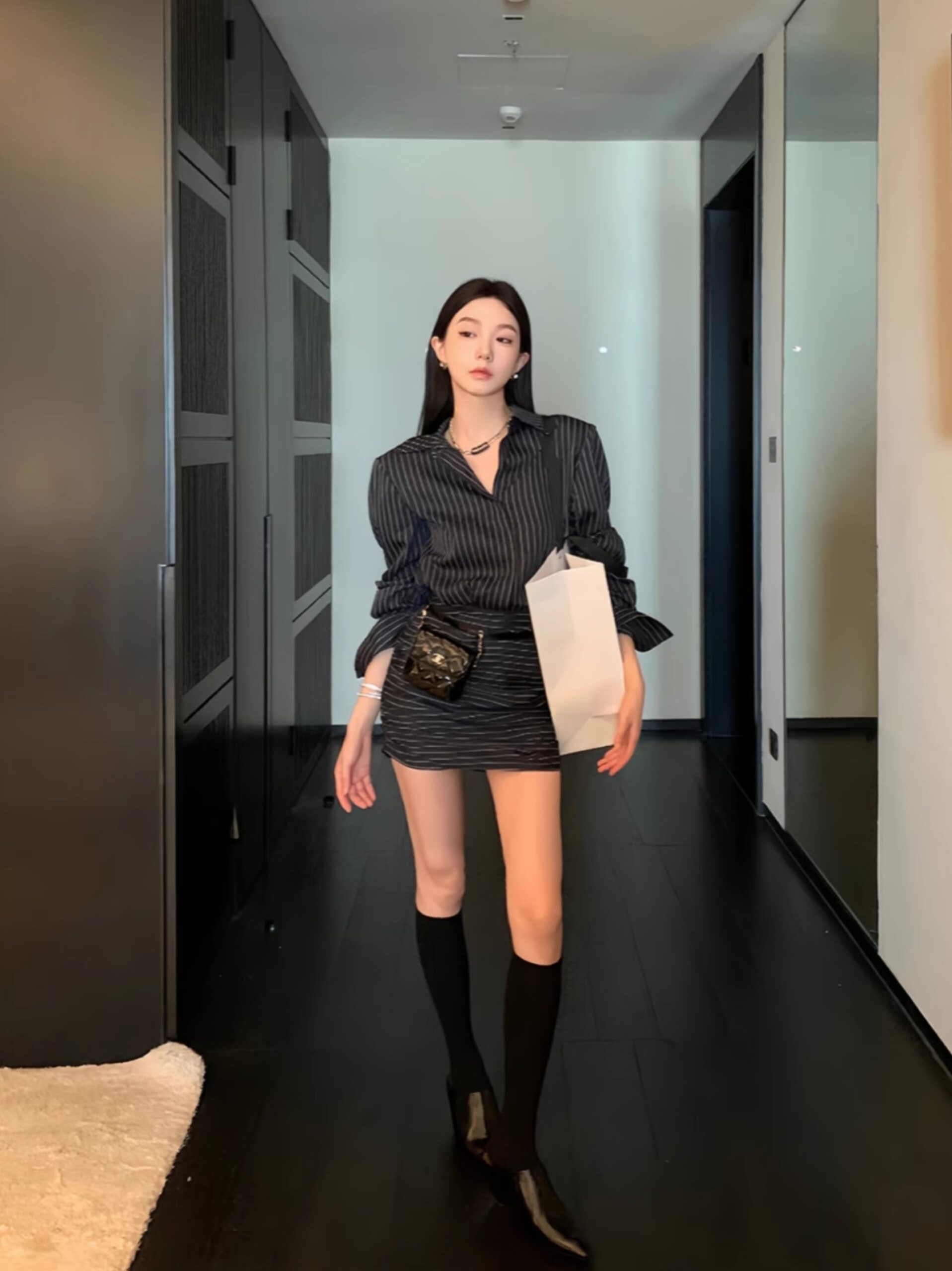 Grey Striped Structured Shirt Dress