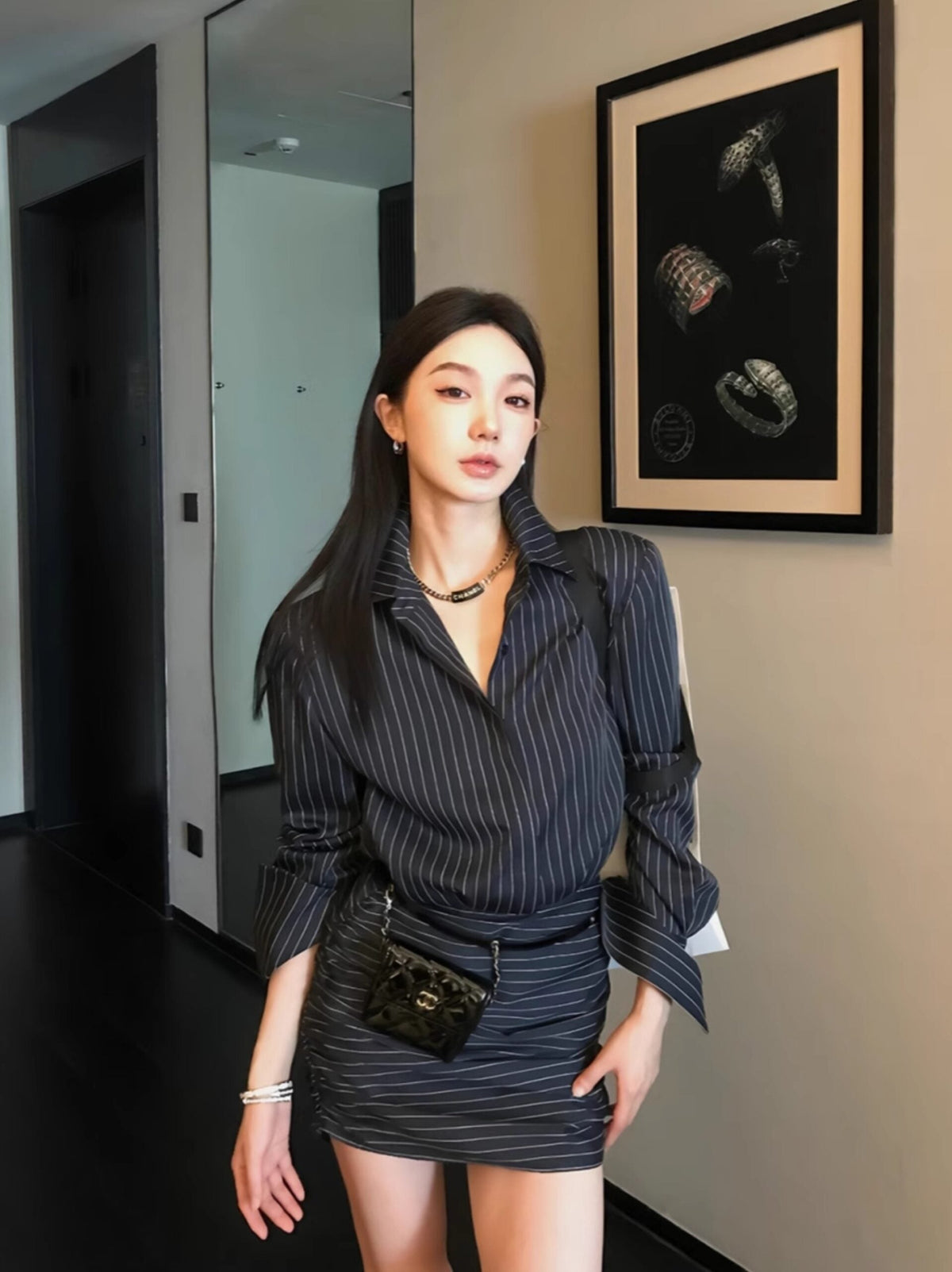 Grey Striped Structured Shirt Dress