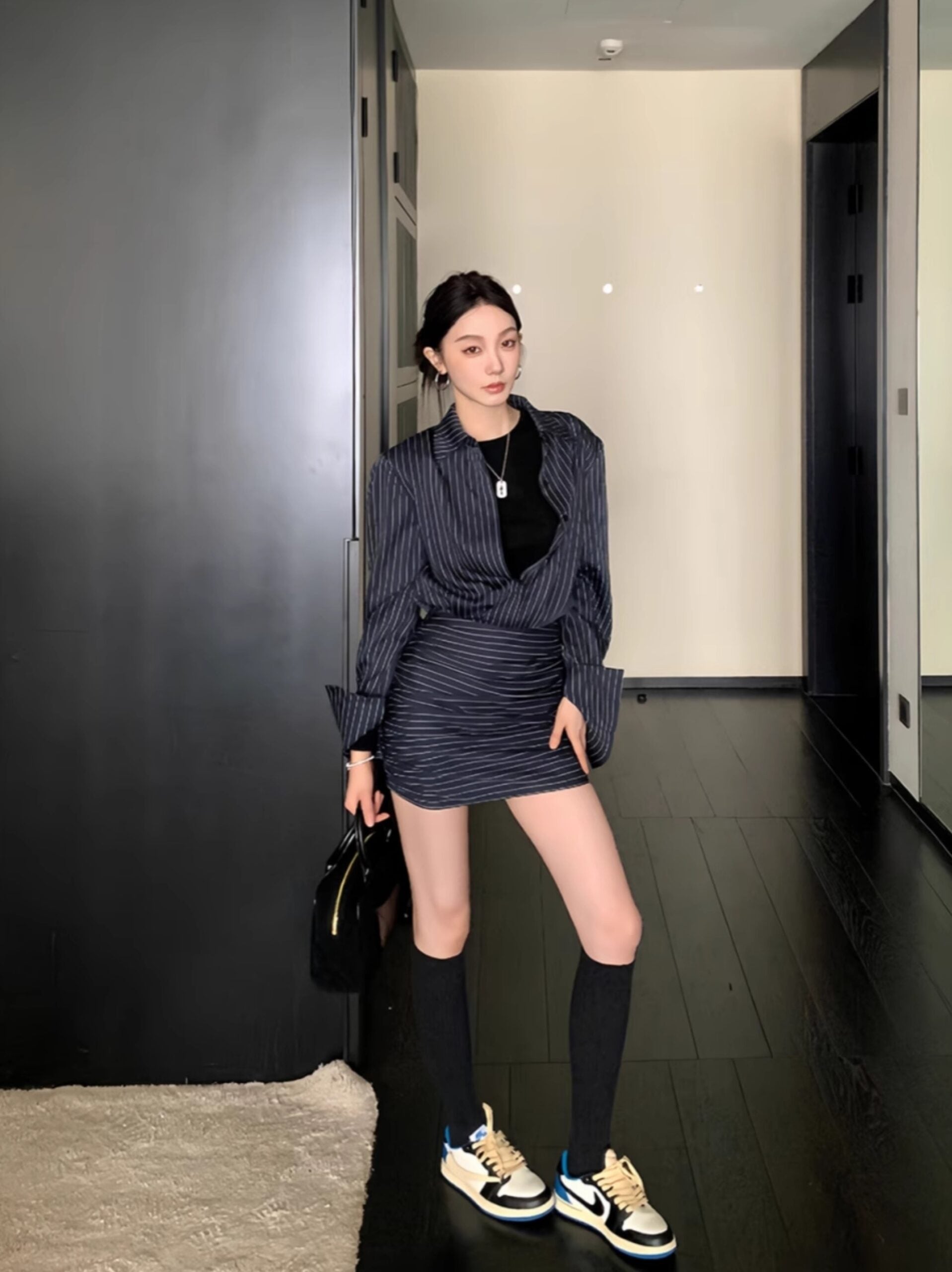 Grey Striped Structured Shirt Dress