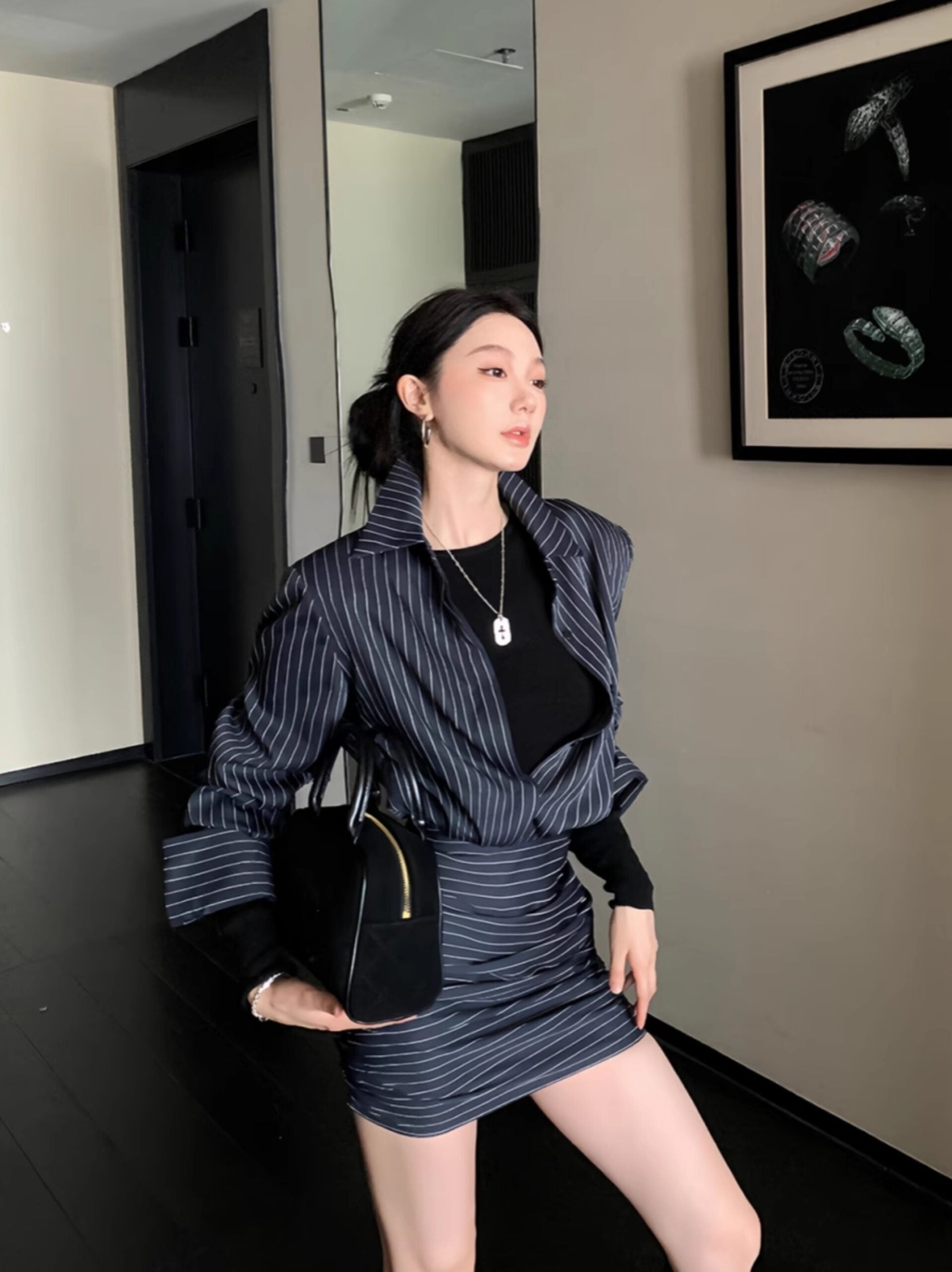Grey Striped Structured Shirt Dress