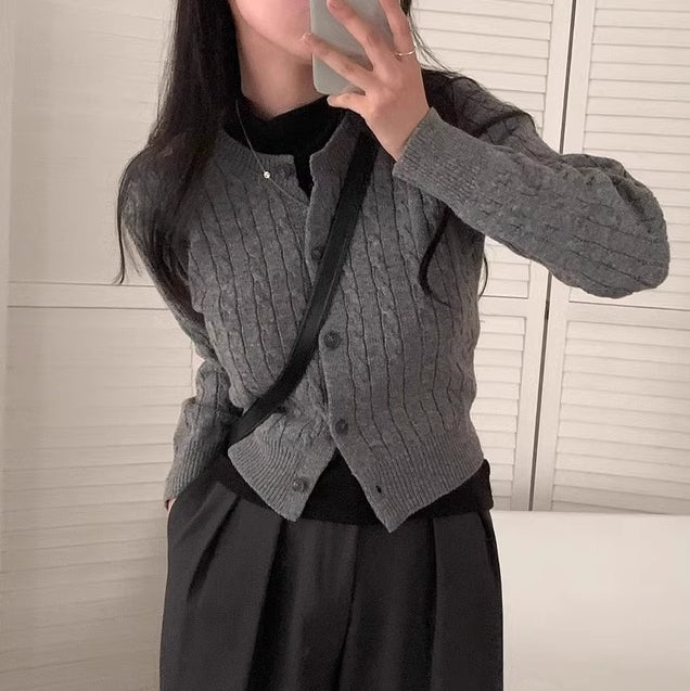 Grey Twist Pattern Button Cardigan