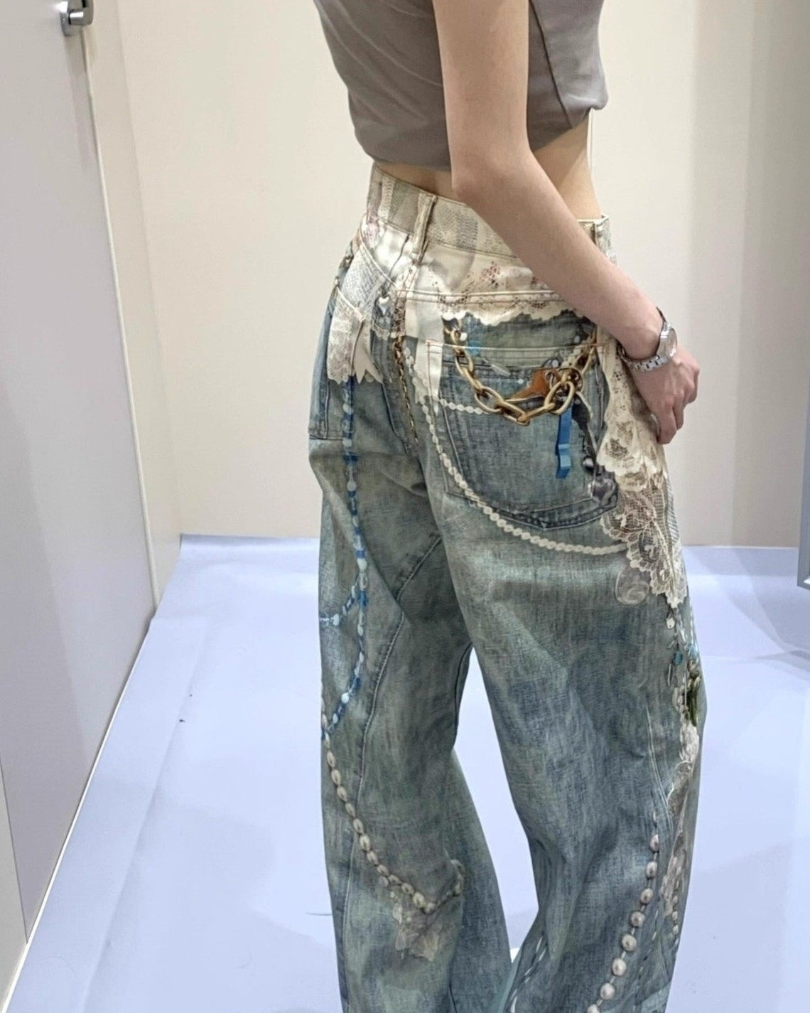 Blue Vintage Lace and Pearl Detail Jeans
