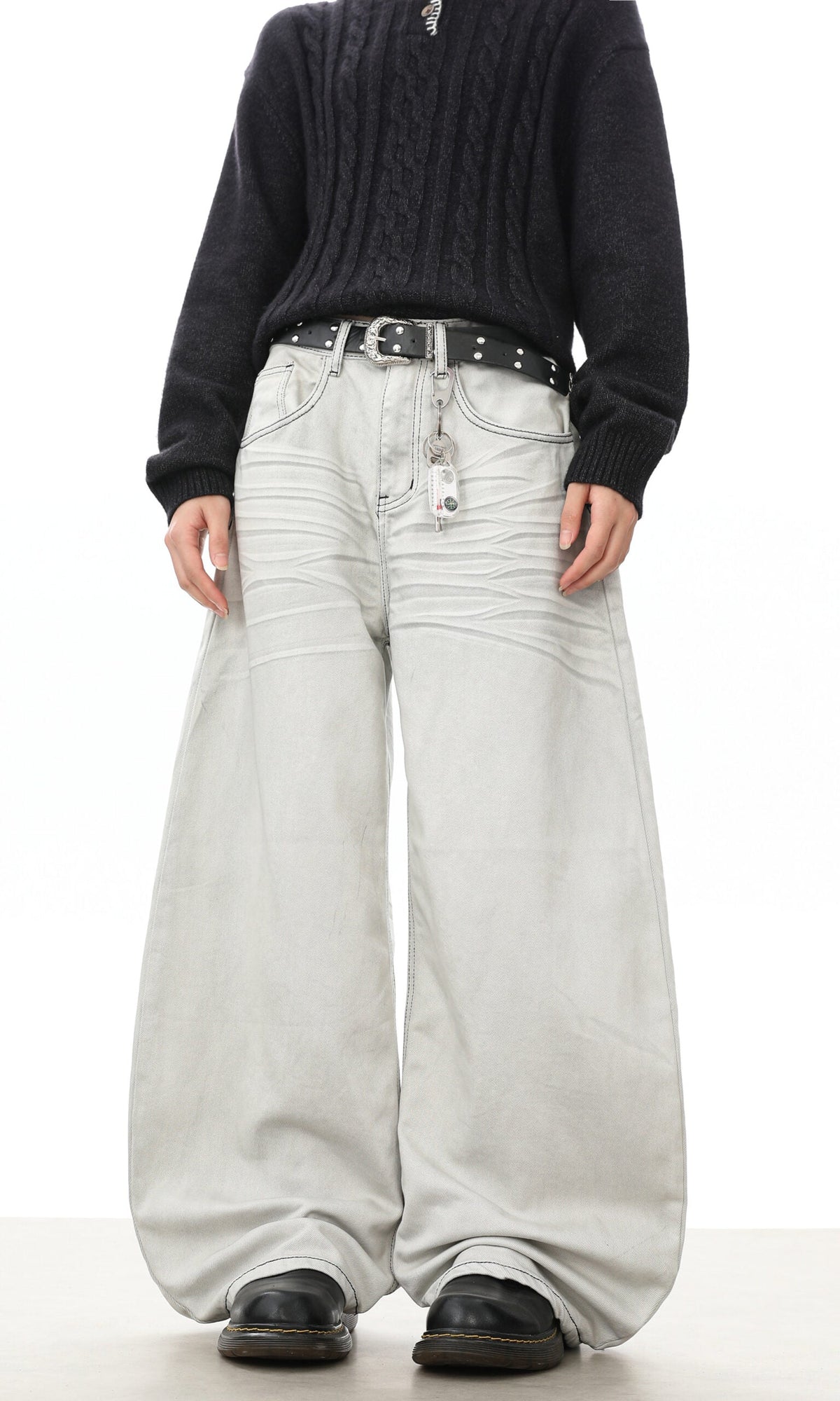 Grey Washed Wide-Leg Baggy Jeans