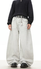 Grey Washed Wide-Leg Baggy Jeans