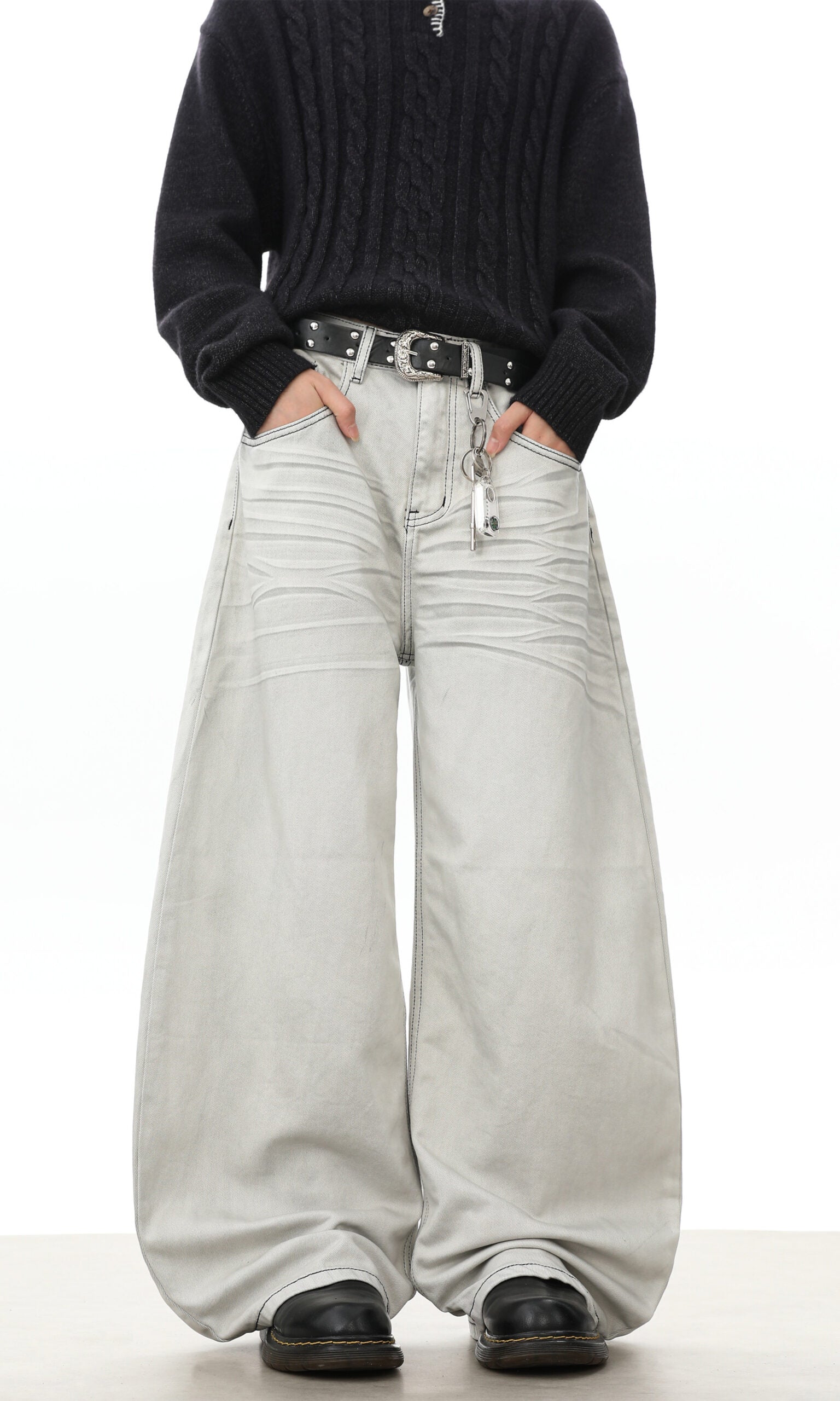 Grey Washed Wide-Leg Baggy Jeans