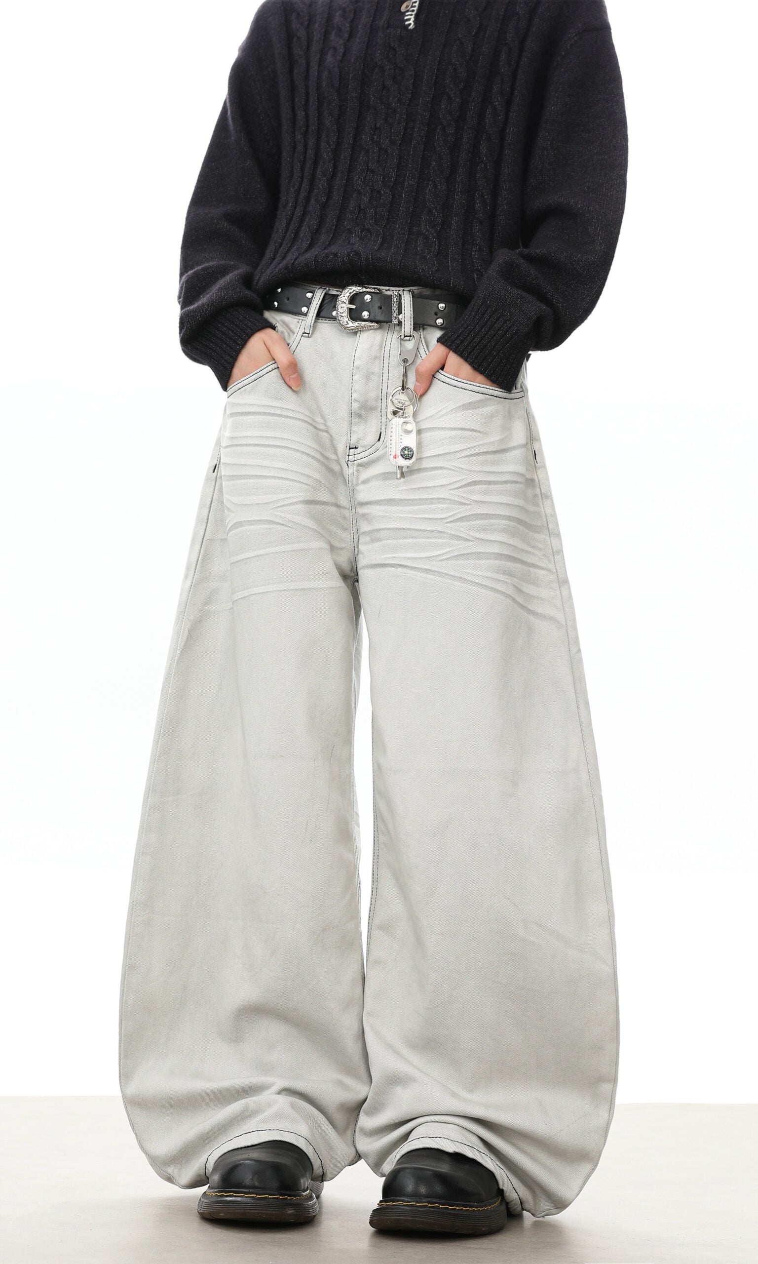 Grey Washed Wide-Leg Baggy Jeans