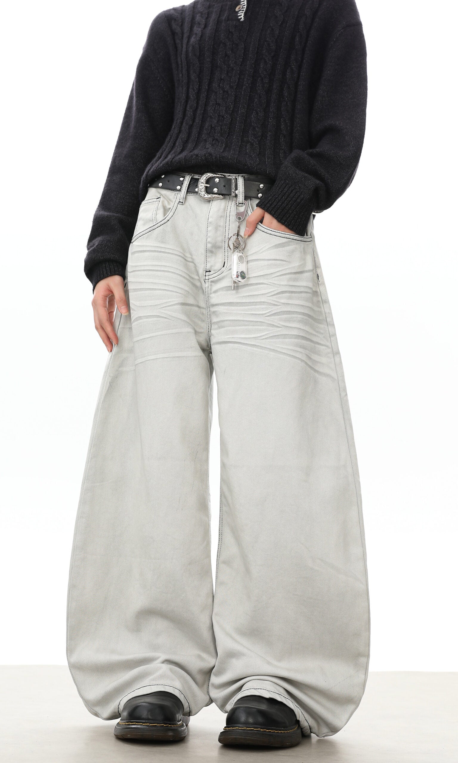 Grey Washed Wide-Leg Baggy Jeans