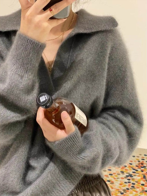 Grey Wide Collar Mink Sweater