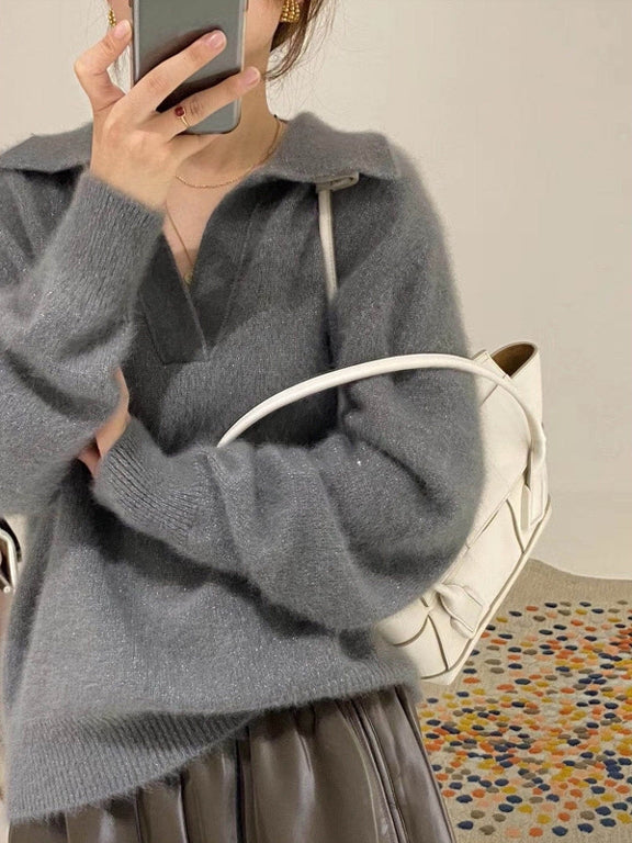 Grey Wide Collar Mink Sweater