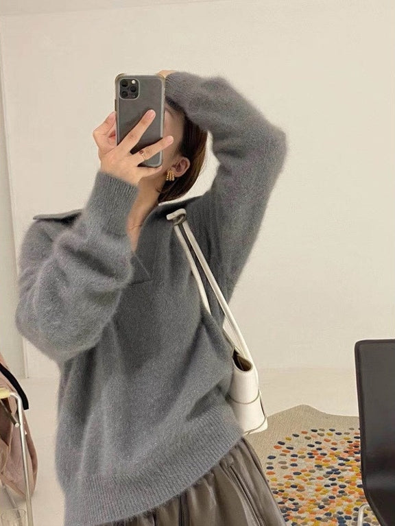 Grey Wide Collar Mink Sweater