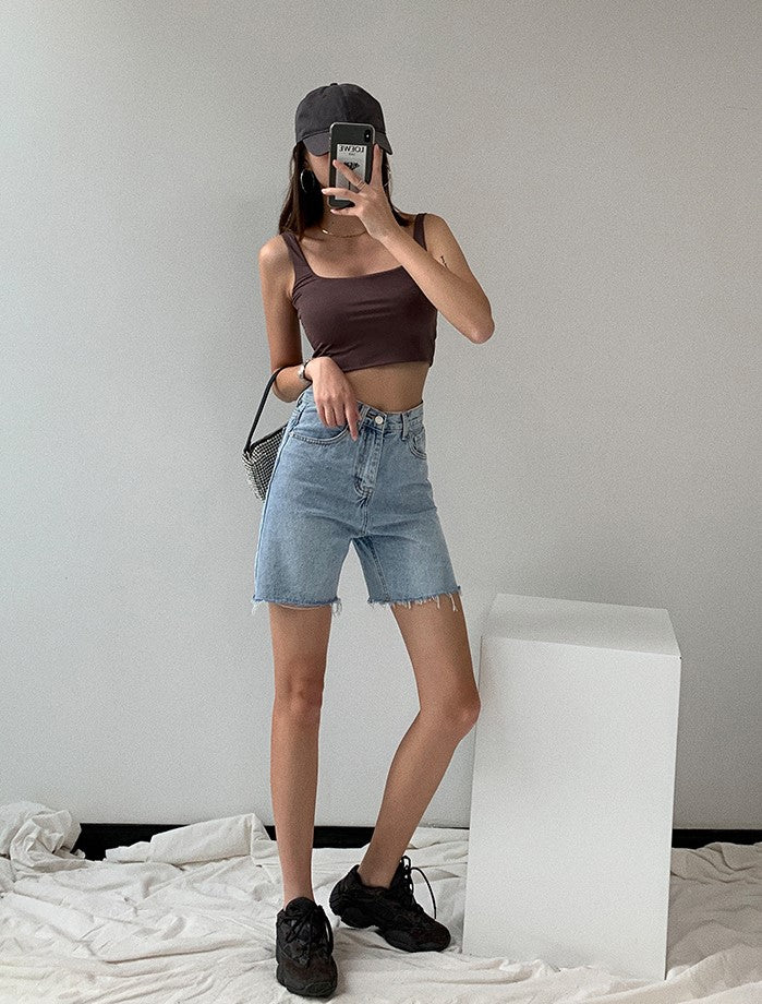 Blue Raw Edge Denim Shorts