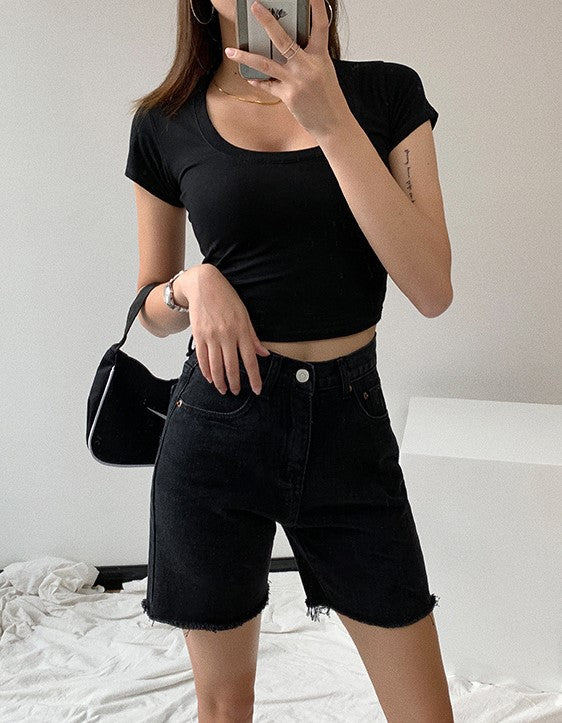 Blue Raw Edge Denim Shorts