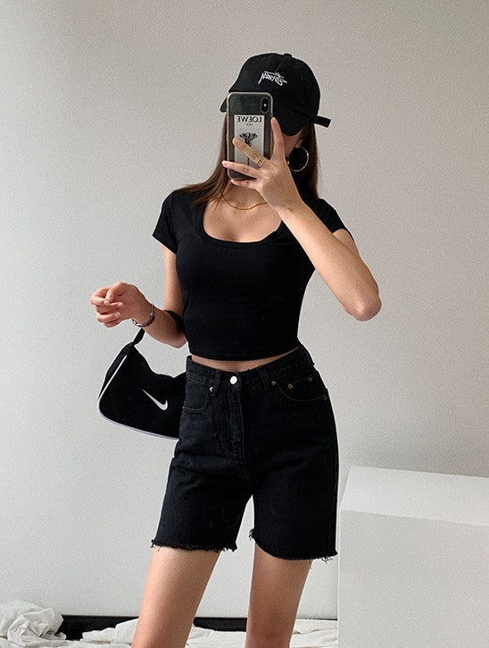 Blue Raw Edge Denim Shorts