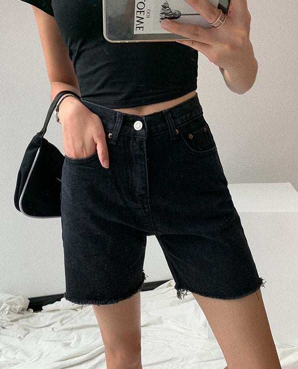 Blue Raw Edge Denim Shorts