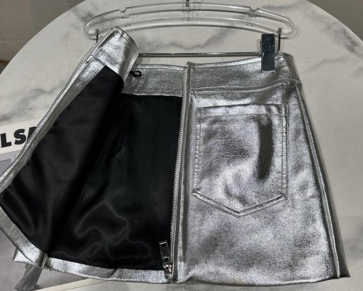 Silver Grey Zip-Up Mini Skirt