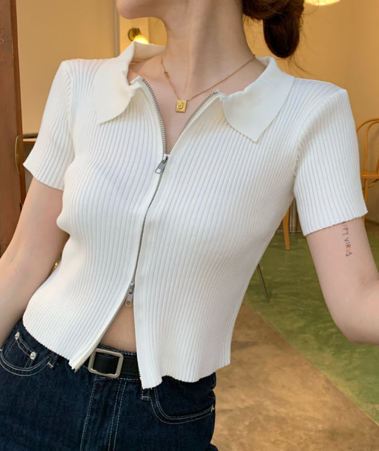 Blue Double Zipper Knit Top