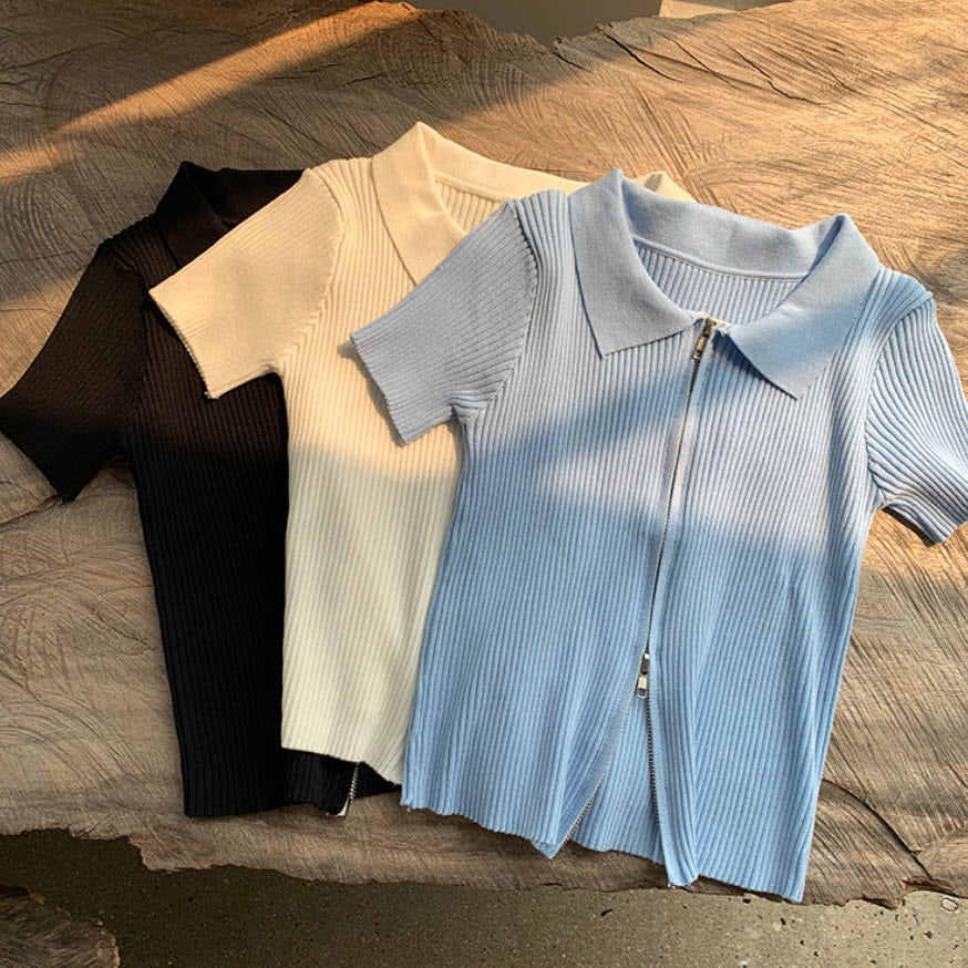 Blue Double Zipper Knit Top
