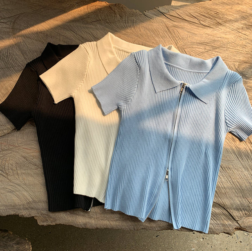 Blue Double Zipper Knit Top