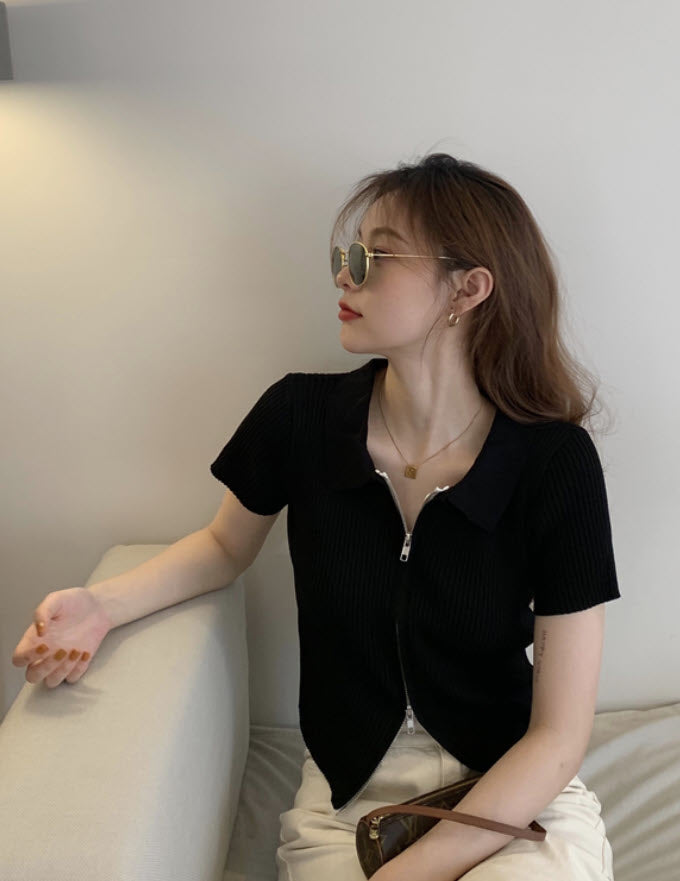 Blue Double Zipper Knit Top