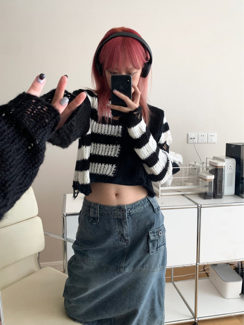 Black Cropped Stripe Sweater