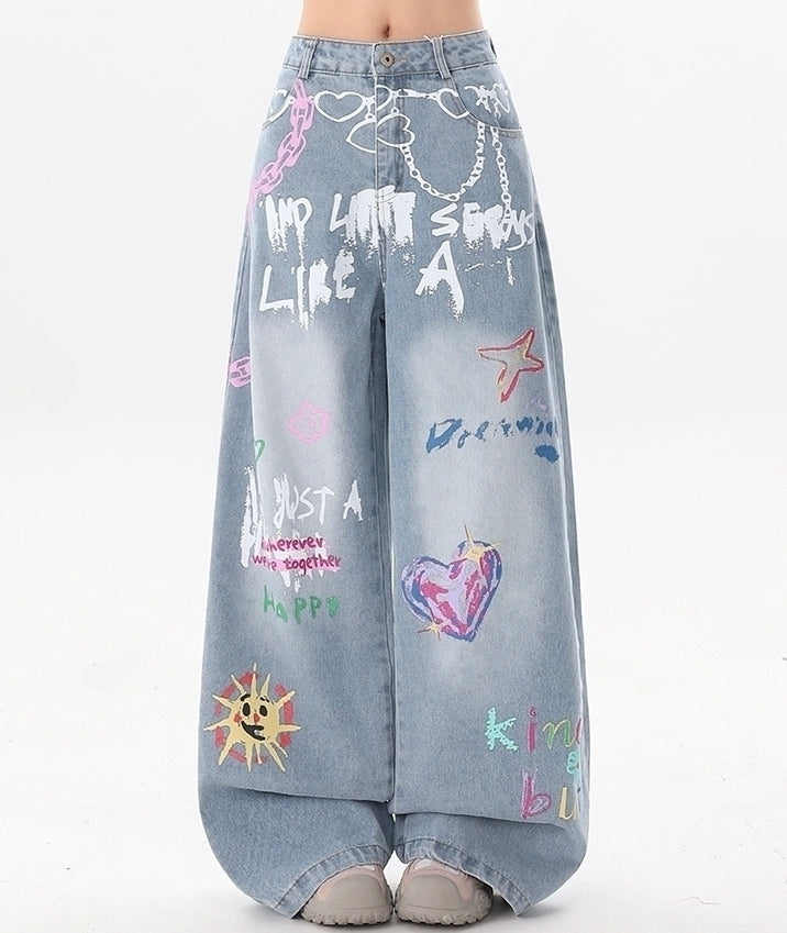 Hand Painted Heart Graffiti Wide Leg Jeans