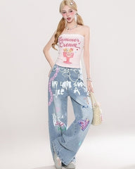 Hand Painted Heart Graffiti Wide Leg Jeans
