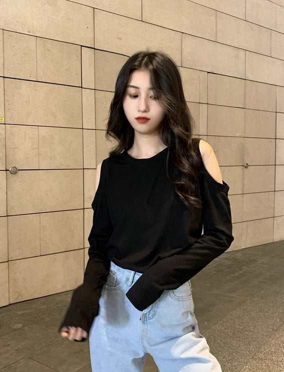 Black Off-Shoulder Long Sleeve T-Shirt