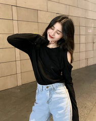 Black Off-Shoulder Long Sleeve T-Shirt
