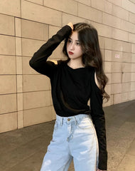 Black Off-Shoulder Long Sleeve T-Shirt