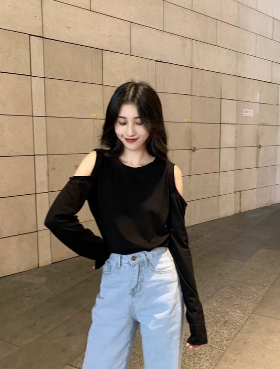 Black Off-Shoulder Long Sleeve T-Shirt