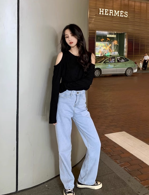 Black Off-Shoulder Long Sleeve T-Shirt
