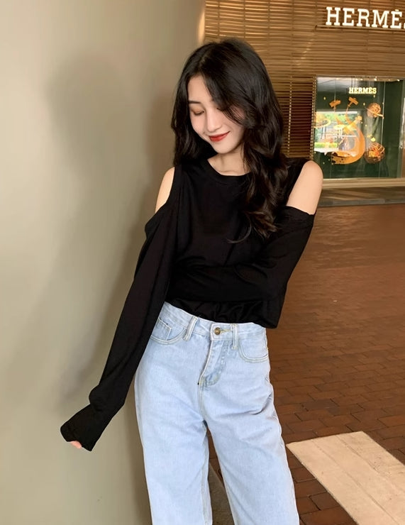 Black Off-Shoulder Long Sleeve T-Shirt