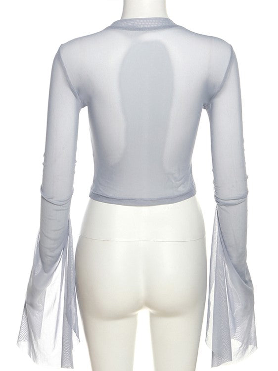 Blue Beaded Cross Mesh Top