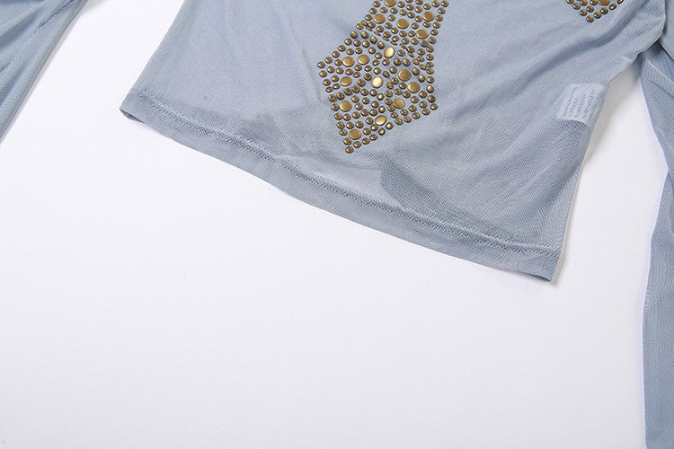 Blue Beaded Cross Mesh Top