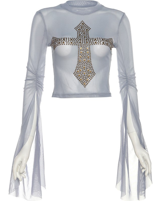 Blue Beaded Cross Mesh Top