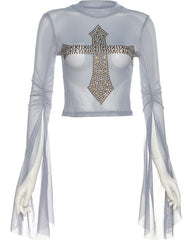 Blue Beaded Cross Mesh Top