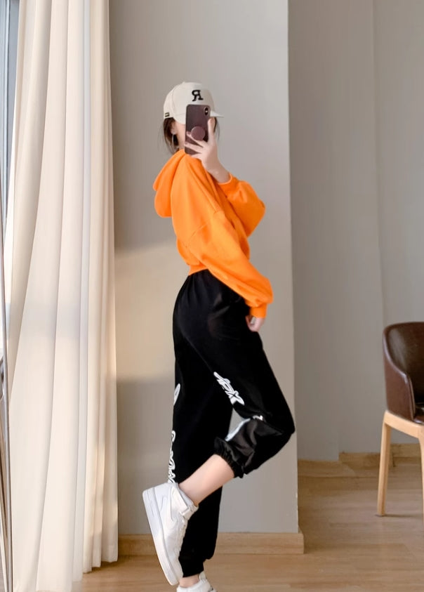 Orange Cropped Zip-Up Hooded Jacket