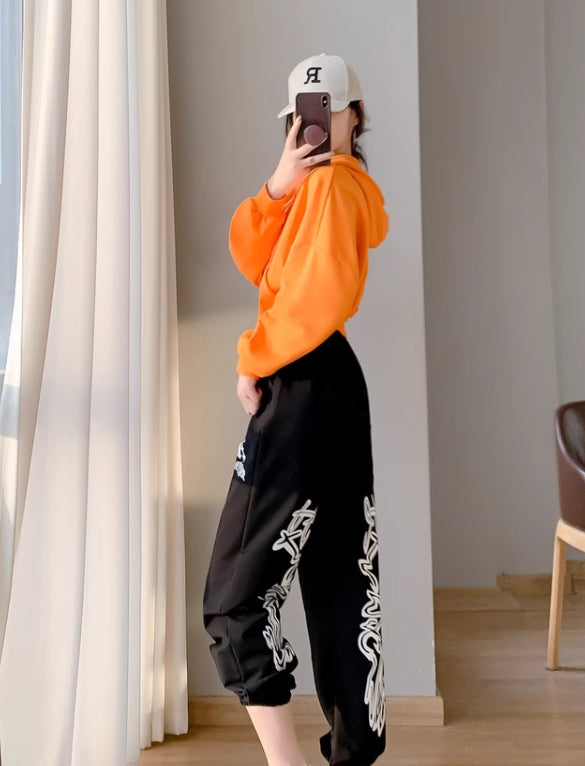 Orange Cropped Zip-Up Hooded Jacket