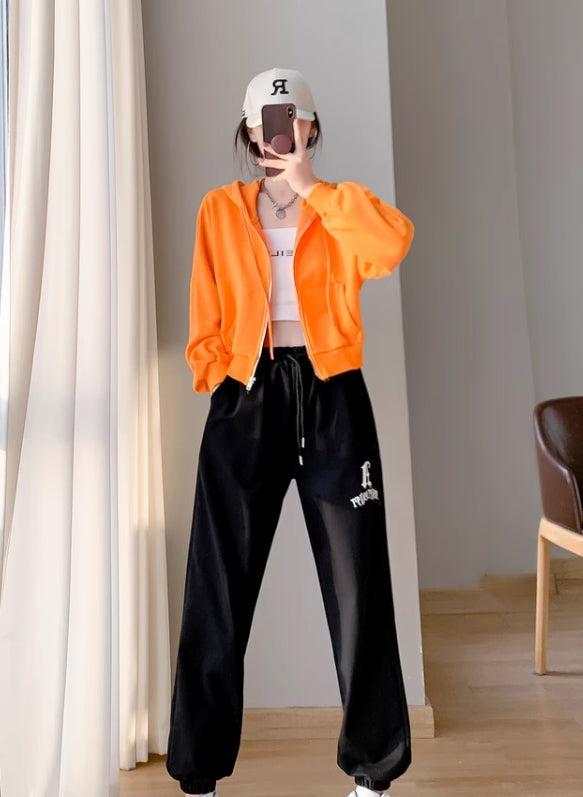 Orange Cropped Zip-Up Hooded Jacket