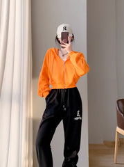 Orange Cropped Zip-Up Hooded Jacket