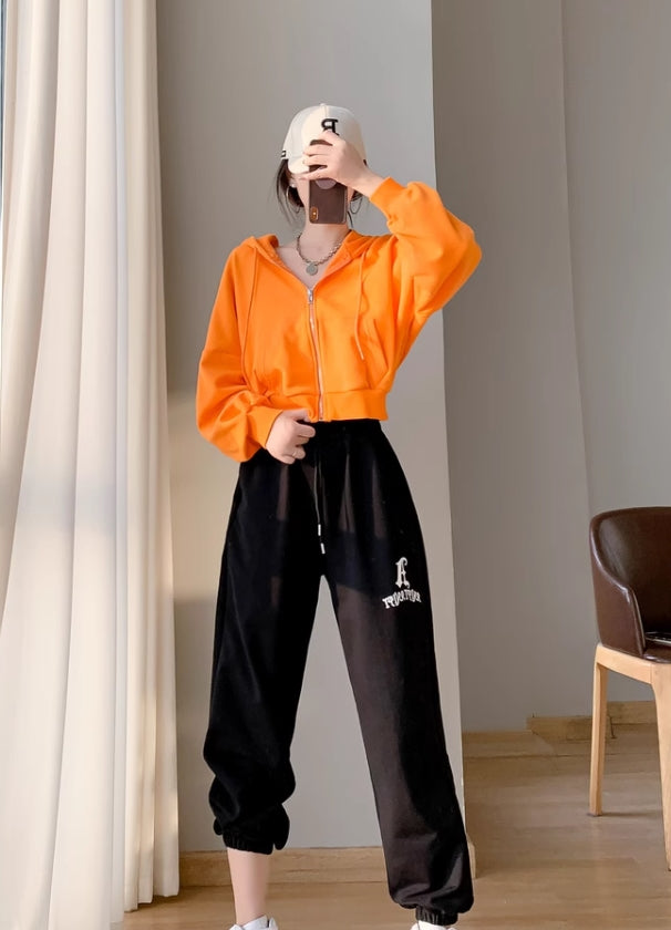 Orange Cropped Zip-Up Hooded Jacket