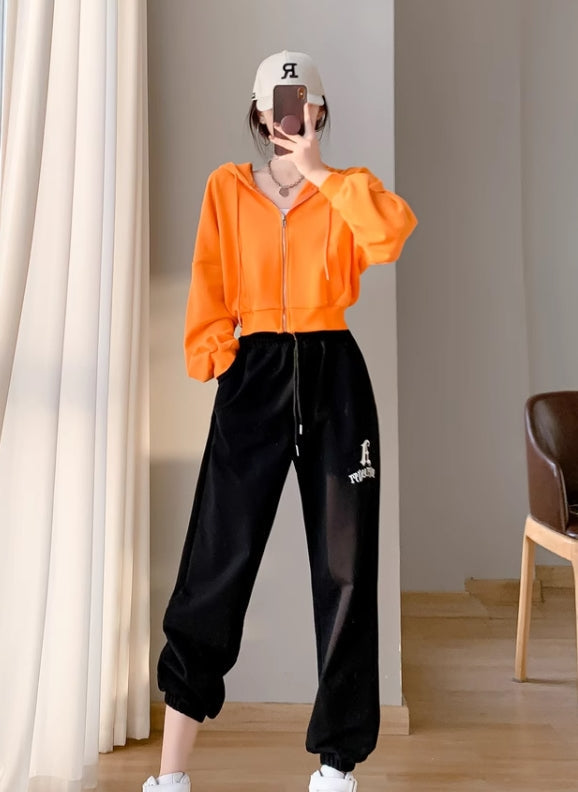Orange Cropped Zip-Up Hooded Jacket