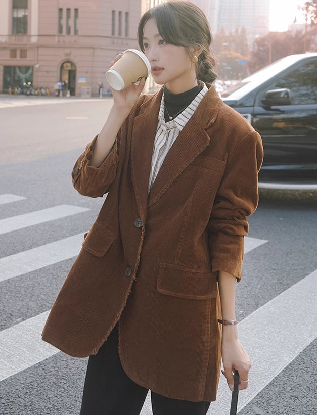 Brown Front Pockets Corduroy Blazer Jacket