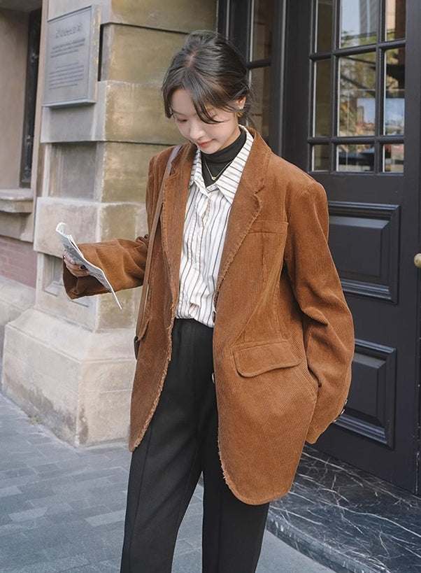Brown Front Pockets Corduroy Blazer Jacket