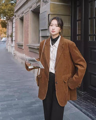 Brown Front Pockets Corduroy Blazer Jacket