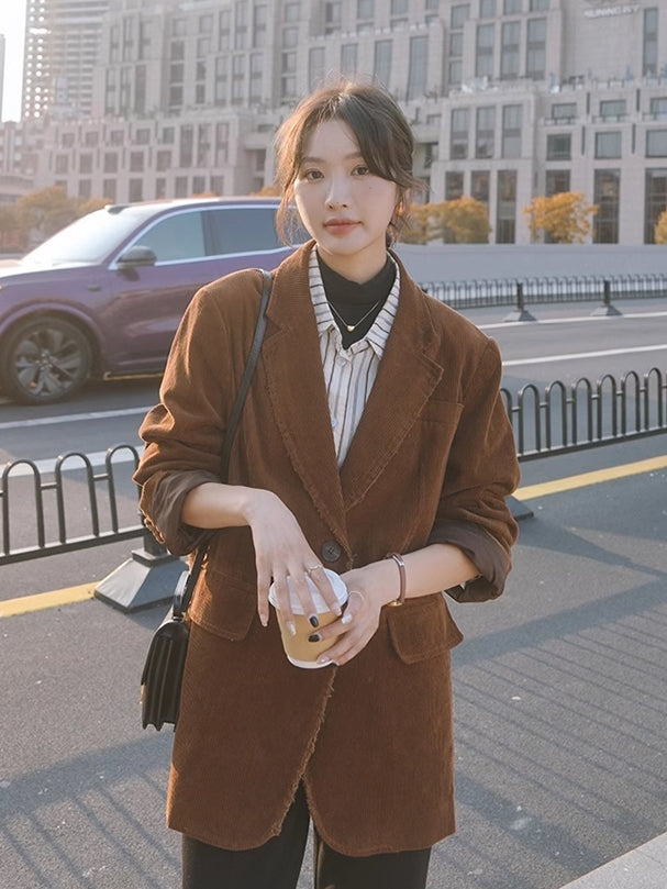 Brown Front Pockets Corduroy Blazer Jacket