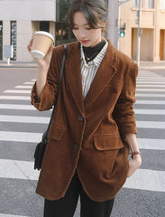 Brown Front Pockets Corduroy Blazer Jacket